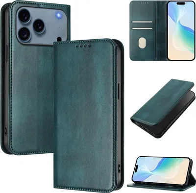 Produktbild von Handyhülle für iPhone 17 Pro, Vintage Leder RFID Schutz Kartenfach Standfunktion Magnetische Klapphülle Grün
