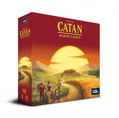 A board game box with a scenic illustration of a sunset over a landscape with people walking on a path.