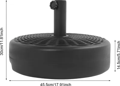Zdjęcie produktu dla Stojak do parasola – okrągła podstawa z możliwością napełniania – do masztów o średnicy 3,4–3,8 i 4,4–4,8 cm – średnica 45,5 cm – wysokość 30 cm – pojemność 17 kg wody – pokrętło napinające – HDPE – kolor czarny