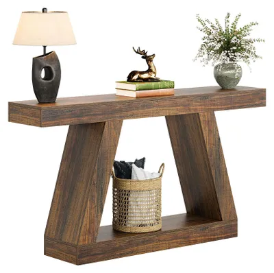 Produktbild von Konsolentisch für Flur & Wohnzimmer - Schmaler Flurtisch - 140 cm rechteckig - Holztisch mit Stauraum - Industrial Landhaus Stil - Dunkel khaki