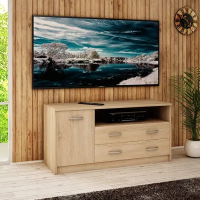 Produktbild von MATKAM Fernsehkommode 1D2S, H 55 x B 110 x T 41 cm, laminierte Möbelplatte 16 mm, ein offenes Regalfach rechts, darunter 2 Schubladen (Sonoma Eiche)