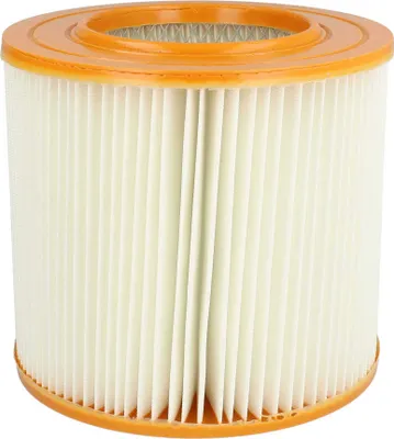 A single cylindrical filter with pleats and an orange plastic top and bottom.