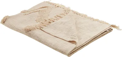 Zdjęcie produktu dla BELIANI Koc beżowy bawełniany 130 x 180 cm geometryczny wzór w stylu boho z frędzlami