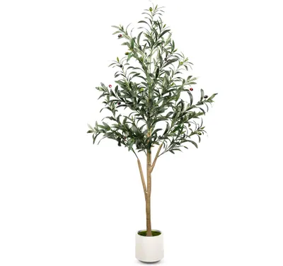 Produktbild von Künstlicher Olivenbaum 150 cm, Kunstpflanze mit Früchten und weißem Topf, Mediterraner Kunstbaum für Wohnzimmer, Büro, Flur, Schlafzimmer, Dekopflanze