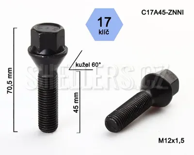 Obrázok produktu pre Skrutka kolesa M12x1,5x45, kužeľ, kľúč 17, C17A45-BLACK čierna, výška 70,5