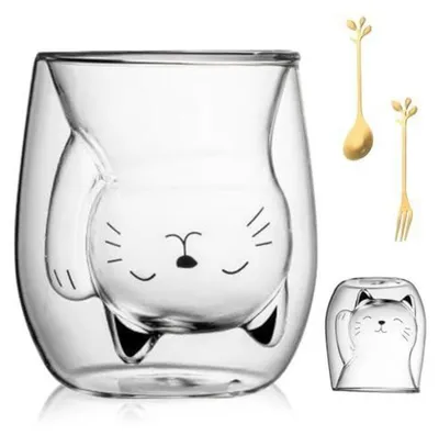 Productafbeelding van Dubbelwandig glazen koffiekopje met kattenmotief, 200 ml, met handvat. Inclusief lepel en vork. Ideaal als cadeau