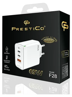 The image shows the packaging of a Prestico F28 65W charger.