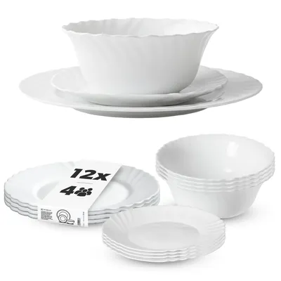 Produktbild von KADAX Geschirrservice 12-teilig, Geschirrset für 4 Personen, Tafelservice mit Müslischale, Dessertteller & Speiseteller, Tellerset aus Opalglas, Geschirr Set (Weiß)