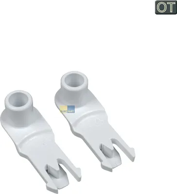Two white plastic clips are shown against a white background, with a small logo overlay.