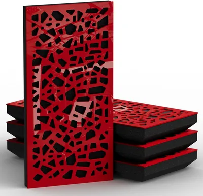 Produktbild von 4 Stück – schmale Schallabsorption, diffuse Akustikplatte, 50 x 25 cm, Absorption – Diffusion – Reflexion – Schalldämmung [P32–33 mm |Roter Kunststoff]