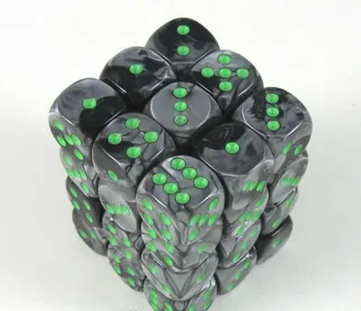 Produktbild von Chessex Gemini Schwarz-Grau/Grün D6 12mm Würfelset (36 Stück)