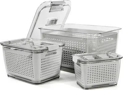 Produktbild von Lebensmittelaufbewahrungsbehälter Set Kühlschrankorganizer Aufbewahrungsbehälter Set von 3 (0,5 L + 1,7 L + 4,5 L) Kunststoff Kühlschrankorganizer Set mit Deckel und Sieb (grau, Set von 3)