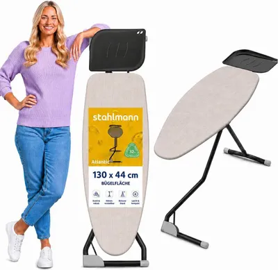Produktbild von STAHLMANN® Bügelbrett Atlantic XXL [130 x 44 cm] für Dampfbügelstation, 6-fach höhenverstellbar 71-95 cm, Ablage 46 x 17 cm,  Italy