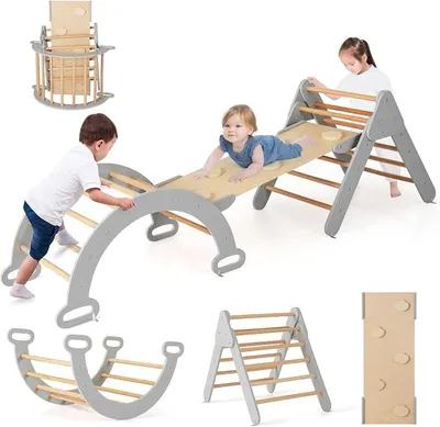 Imagen del producto de Estructura de juego triangular con tobogán, barra de escalada e incluye una rampa de doble cara, ideal para escalar, deslizarse y balancearse. Estructura de juego interior 4 en 1, apta para niños a partir de 1 año (gris)