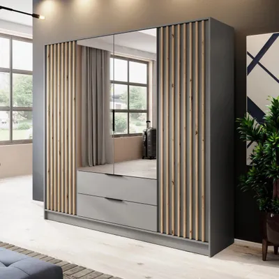 Obrázok produktu pre Šatníková skriňa Stilo sivá matná so zrkadlom a lištami - 206 cm, 4 dvere, 2 zásuvky, univerzálna