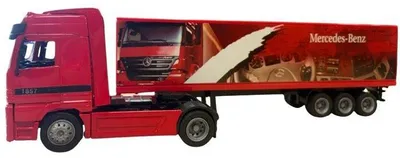 Imagen del producto de Camión miniatura de colección Mercedes-Benz con remolque contenedor, marca NewRay, escala 1/43, color rojo