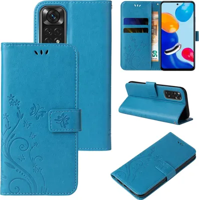 Produktbild von Handyhülle für Xiaomi Redmi Note 11 Floral Blumen Schmetterling Flip Cover Hülle Case Klapphülle Handytasche Farbe: Blau