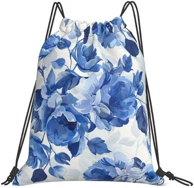 Productafbeelding van Trekkoord Rugzak - Opvouwbare Tas met Blauwe Bloemenprint