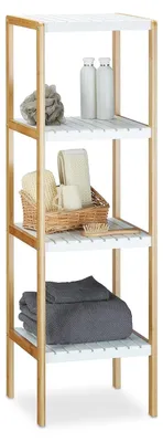 Image de TRANKIELO® - Étagère de salle de bain en bambou avec 4 étagères – Rangement compact pour cosmétiques et accessoires – Design naturel et blanc