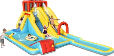 Produktbild von Aufblasbare Wasserrutsche, Hüpfburg mit Doppelrutsche & Kletterwand & Basketballkorb, Outdoor Wasserpark 622 cm x 335 cm x 225 cm, Spielburg Kinder ab 3 Jahre (ohne Gebläse)