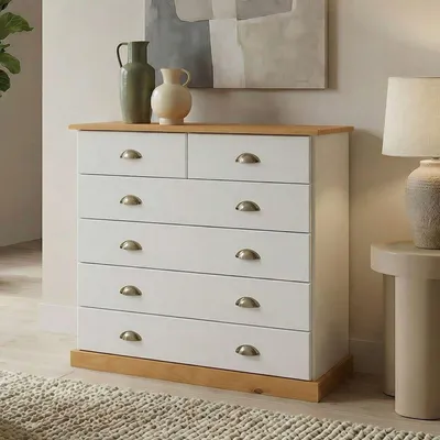 Produktbild von Kommode PARIS aus Massivholz, Weiß/Braun - Apothekerkommode aus Kiefernholz mit 6 Schubladen, Landhausstil mit Muschelgriffen, Schubladenschrank ideal für Schlafzimmer oder Eingangsbereich