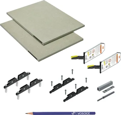 Produktbild von Blum Aventos HKi mit Blumotion und Tip On vollintegriert, Kraftspeicher 24K2700T SET - Klappenbeschlag mit Montagezubehör und vorgefrästen Rohplatten + vasalat Bleistift, 7-teilig