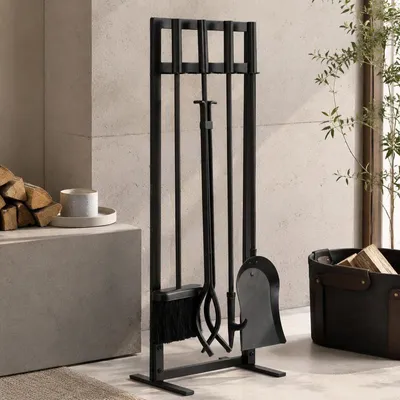 Produktbild von Kaminbesteck 5-teilig Schwarz Metall Ständer Schaufel Zange