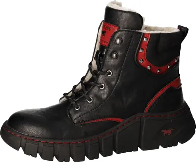 A single black and red women's boot with a platform sole and fur lining.