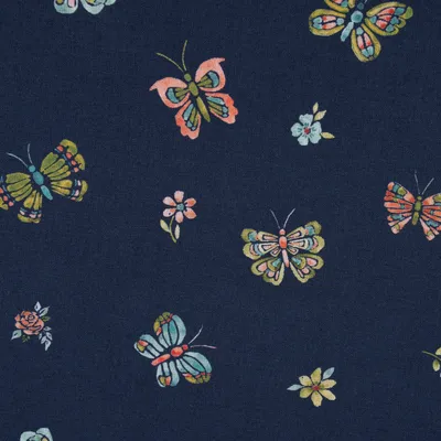 Produktbild von Baumwollstoff Meterware Popeline Digitaldr. Butterflies dunkelbla