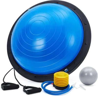 Produktbild von Halbkugel Balance Ball 60 cm mit rutschfester Basis, 2 Widerstandsbänder & Pumpe – Für Instabilitätstraining, Yoga, Physio & Kraftübungen