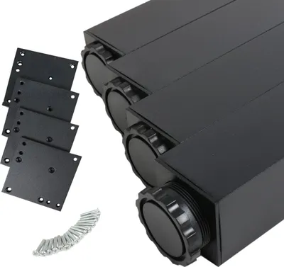 A set of four black, square table legs with adjustable feet, along with mounting plates and screws, are displayed against a white background.