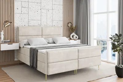 Produktbild von ALTDECOR Boxspringbett mit Gold Füßen, Matratze und Lattenrost, Topper, Fußteil, Polsterbett mit Bettkasten, Bett mit Stauraum H3-Matratze, Doppelbett - AURA-FZ-Z - 140x200 - Beige Monolith