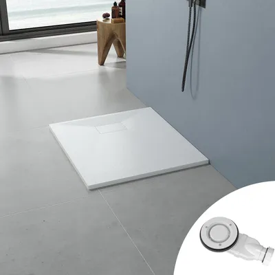 Produktbild von 90x80cm Rechteckig Extraflach Duschwanne SMC Weiß Steinoptik Duschtasse mit Ablaufgarnitur, zuschneidbar für Duschkabine & Duschwand
