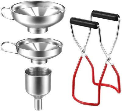 Produktbild von Edelstahl-Trichter-Set, 4-teiliges Marmeladenfülltrichter-Set, Trichter mit Griffen, Einmachzange zum Befördern von Gewürzen, Flüssigkeiten, Pulver