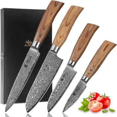 Produktbild von Wakoli Edib Pro 4er Damastmesser-Set I Holzbox I 8-17cm Klinge I Pakkaholzgriffe