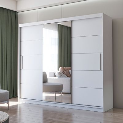Schwebetürenschrank Kleiderschrank Schrank 250cm Weiß/Weiß + Spiegel Alba