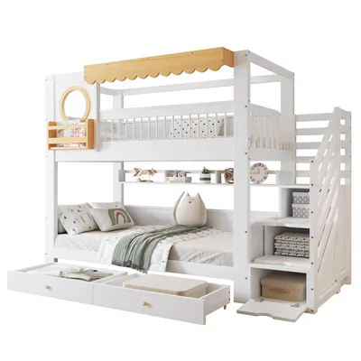Produktbild von Etagenbett mit 2 Liegeflächen, Schubladen, Regal und Stauraum, 90x200 cm, Kinderbett mit Rausfallschutz, Hausbett, Kiefer