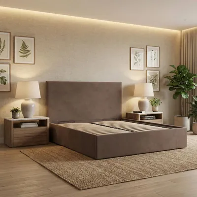 Produktbild von Polsterbett PAOLA 140x200 – Modernes Doppelbett mit Kopfteil und Holzlattenrost, ohne Bettkasten Braun Samt