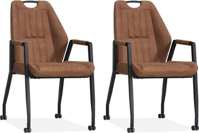Two brown chairs with black legs and wheels are shown against a white background.