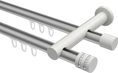 Produktbild von Interdeco Innenlaufstange / Gardinenstange mit Innenlauf Silbergrau / Weiß, Typ Platon Estana (Glitzerkappe), 20 mm Ø 2-läufig, 400 cm