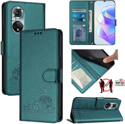 Produktbild von Leder Hülle für Huawei Nova 9 Pro/Honor 50 Pro Süße Katze Flip Case Brieftasche Schutzhülle mit Standfunktion Grün