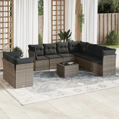 Produktbild von Design 10-tlg. Garten-Sofagarnitur mit Kissen Grau Poly Rattan, Gartenmöbel-Sets 2024 Neu