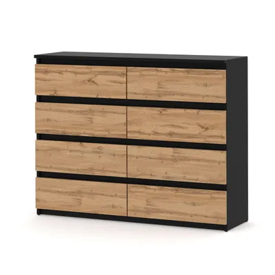A modern dresser with eight drawers, featuring a black matte frame and wood-effect drawer fronts.