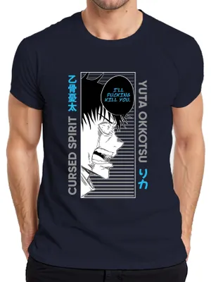 Productafbeelding van Yuta Okkotsu Jujutsu Kaisen T-shirt voor heren, marineblauw, met een afbeelding van een boze geest en een spraakballon, maat M