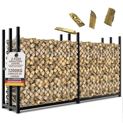 Image de Rack à bois extérieur en métal 223 x 50 x 115 cm pour bûches de 25 cm Rack à bois de chauffage Jardin Terrasse Aide à l'empilage galvanisée noire