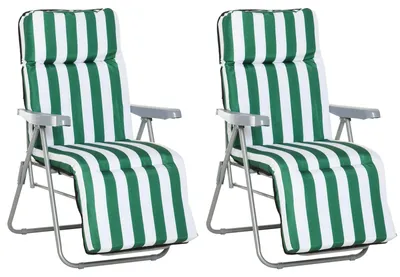 Produktbild von Gartenliegen 2er-Set klappbar mit Polsterauflagen 5-fach verstellbar Stahlrahmen Polyester wetterfest bis 120 kg Grün WeiØ 60 x 75 x 102 cm