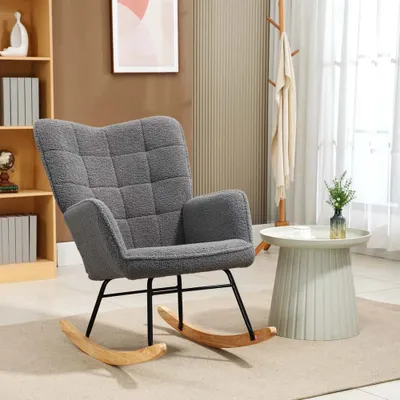 Immagine prodotto di Poltrone AIORBER, schienale alto, chaise longue imbottita, piedini in legno, braccioli, per soggiorno, sedia a dondolo, 98x71x101cm, grigio scuro