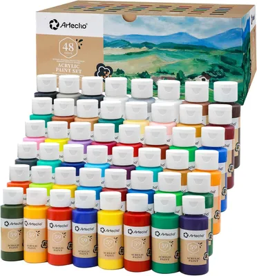 Produktbild von Artecho Acrylfarbe 48 wasserfeste Farben, je 59ml Flaschen mit Klappverschluss, für Papier, Ton, Holz, Steine – zum Reisen, Malen & Freude verschenken