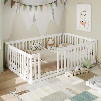 Produktbild von Flieks Kinderbett 90x200cm mit Rausfallschutz, Bodenbett Spielbett ohne Lattenrost, Kinder Einzelbett Holzbett mit Zaun, Weiß