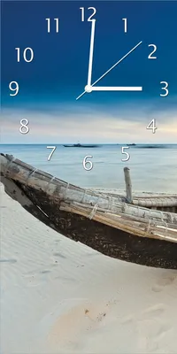 Produktbild von Wallario Design Wanduhr Fischerboot am Strand mit Sonnenuntergang aus Echtglas, Größe 30 x 60 cm